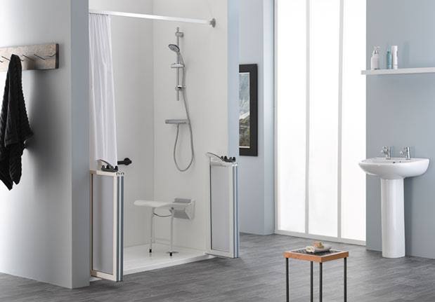 EASA EVOLUTION  bi-folding half height shower doors. Note how they fold back unobtrusively.