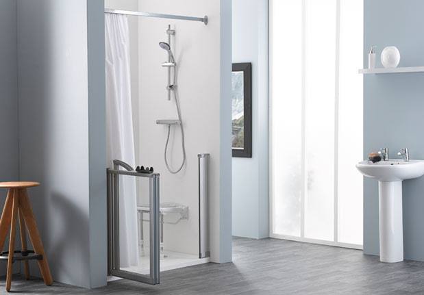 A bi-folding ha;f height shower door takes up comparatively little space when open and folded.