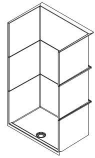 Drawing showing three sections (upper, middle and lower) of the 800 and 1200 alcove shower pod