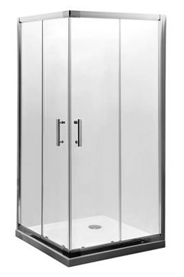 Corner entry shower enclosure with twin sliding doors