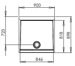 Diagram showing critical measurements of the 900mm alcove shower pod