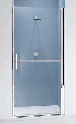 Glass shower door for alcove with stable style pivot opening