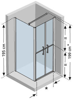 Diagram showing a corner enclosure with pair of pivot doors with stable style opening