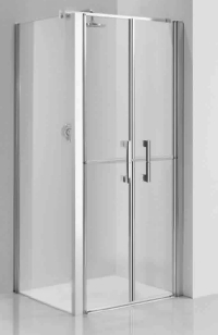 Corner shower enclosure with fixed side panel and twin saloon doors
