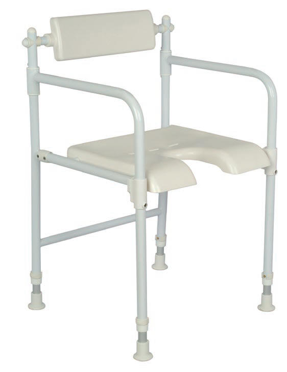Shower chair. Free standing shower chair with arms and a horseshoe shaped cut out in seat.