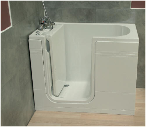 The AFFINITY Walk in bath. A compact walk in bath with wide low lever access door.