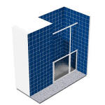Alcove shower enclosure comprising half height single fixed panel and single pivot door