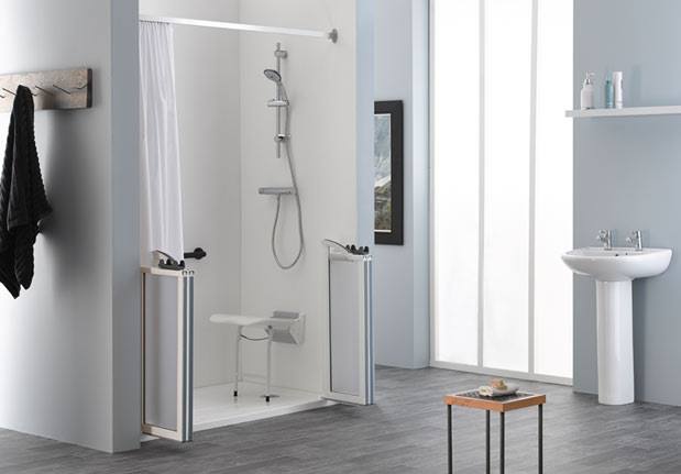 EASA EVOLUTION bi-folding half height shower doors. Note how they fold back unobtrusively.