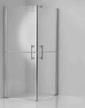 Corner shower enclosure with twin stable style pivot doors