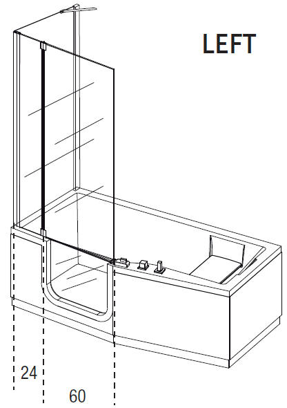 Handing diagram of Left Hand IRIS walk in bath with a COMBY 2 shower screen