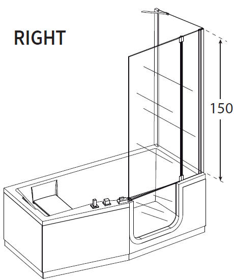 Handing diagram of Right Hand IRIS walk in bath with a COMBY 2 shower screen