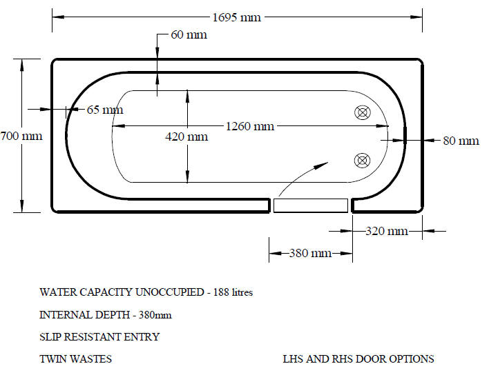 Mantaleda AVRAIL 1700mm  walk in bath - diagram 1