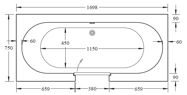 CORTEGA double ended walk in bath with cetral glass door - diagram with dimensions