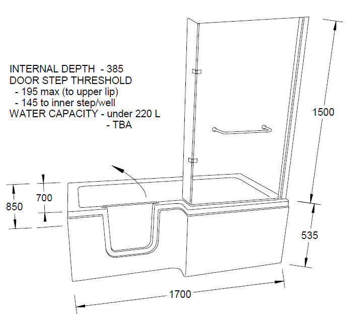 Mantaleda Larimar walk in shower bath- dimensions (1)