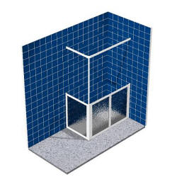 Rectangular corner shower with fixed end panel and two pivot doors