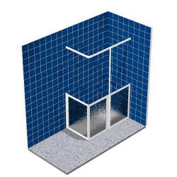 Corner shower. Half height fixed panel and two single pivot doors offeriing wide entrance and easy access