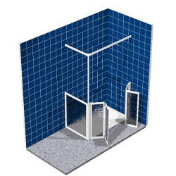 Disabled corner shower enclosure with one fixed panel and entry via two half height bi fold doors
